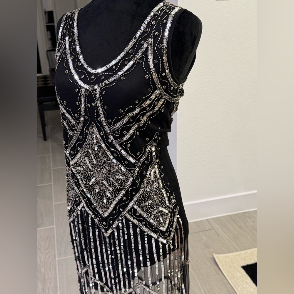 GATSBY LADY Art Deco Fringe Flapper Black Sequin Beaded Dress Size 4 VGUC - Picture 3 of 8